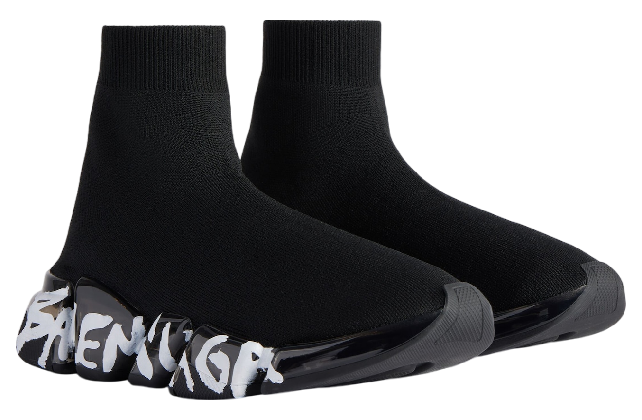 Balenciaga Speed 2.0 Full Clear Sole Graffiti Recycled Knit Black / White