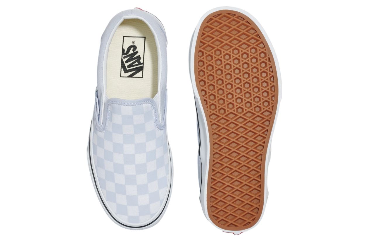 Blue and white checkered vans slip ons on sale