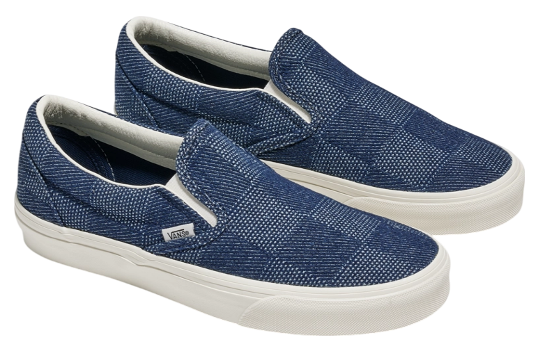 Navy blue checkered slip on vans on sale