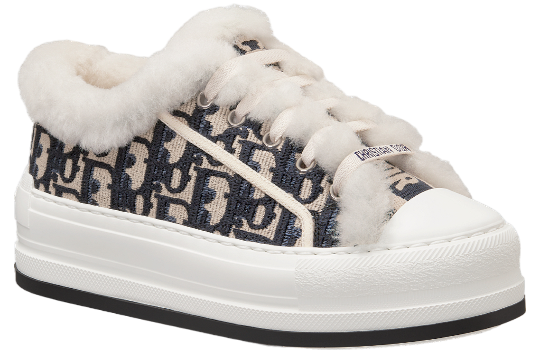 Walk n Dior Platform WMNS Deep Blue Oblique Embroidered Cotton / White Shearling